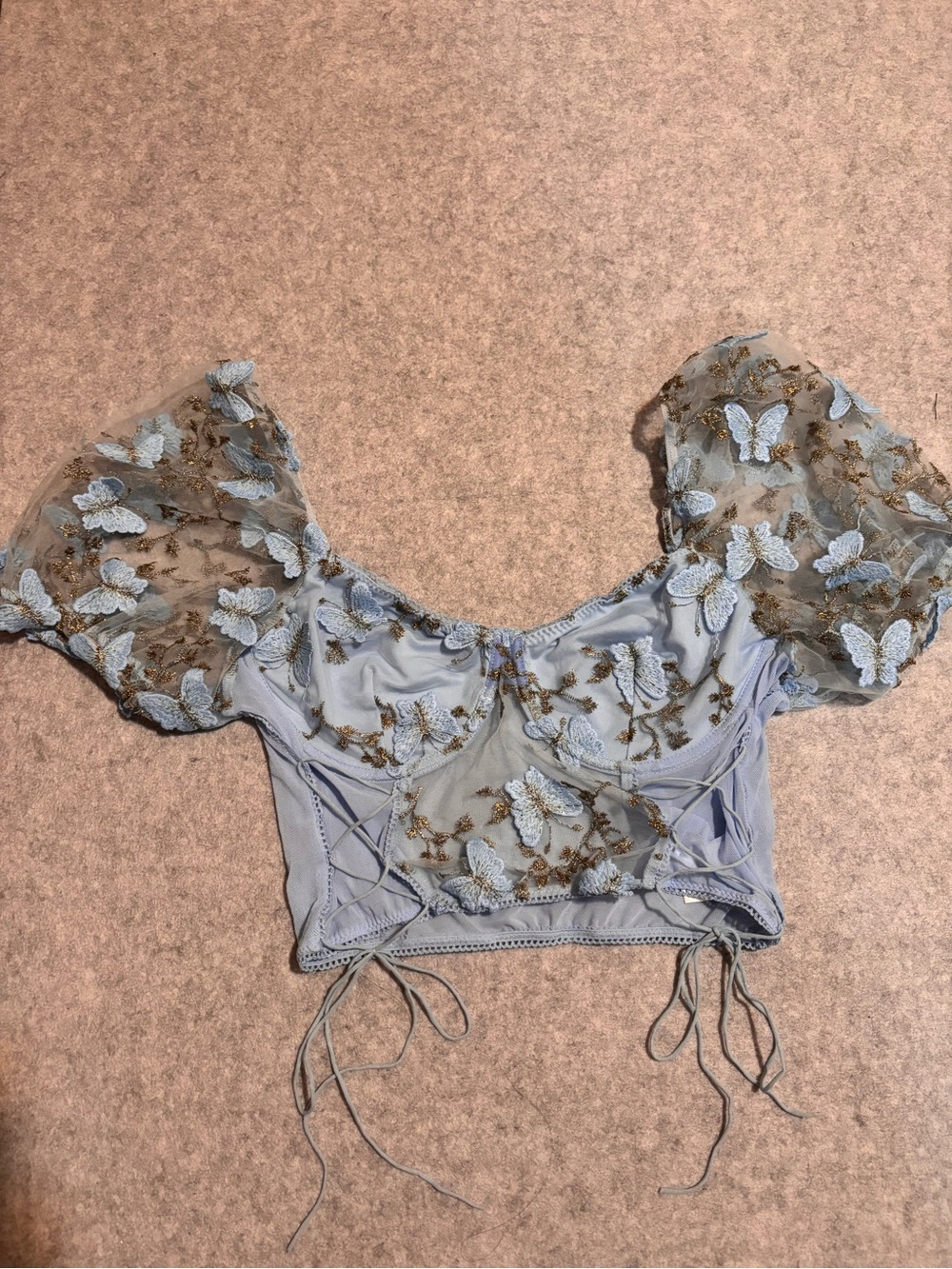 iHeartRaves Blue Mesh Butterfly Lace Up Top